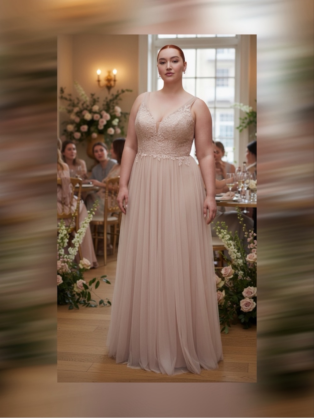 Watters & Watters Blush Lace Tulle Gown, V-Neck, Size 14